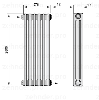 Схема (чертеж) Радиатор Zehnder Charleston 3280/6 №1670 Белый глянцевый RAL 9016